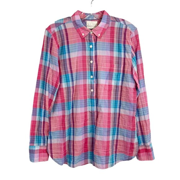 J. Crew Classic Fit Crinkle Cotton Popover Blouse in Ombre Plaid - Size 10 - Picture 1 of 6